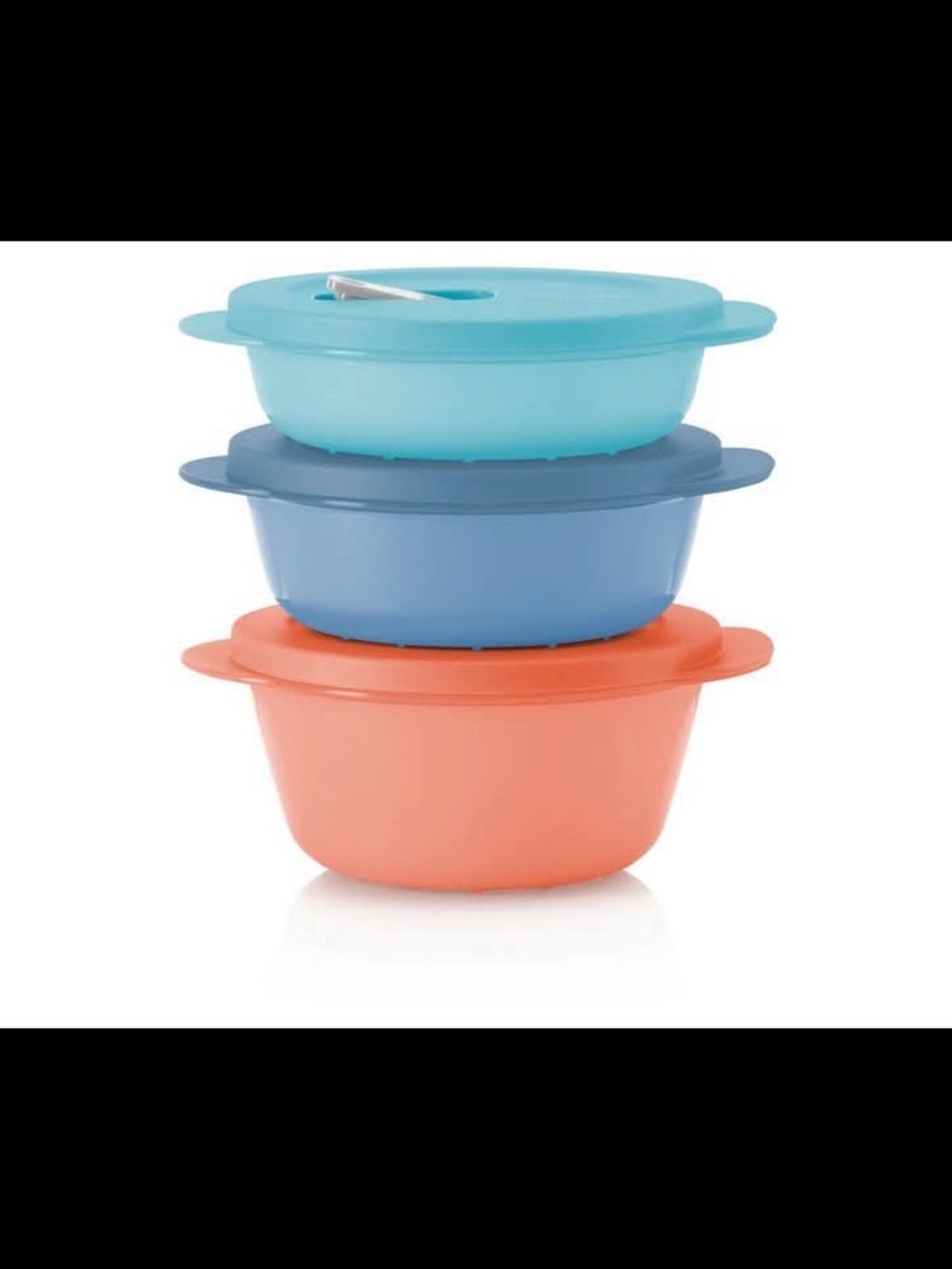 Tupperware Set of 3 Nesting Storage Bowls with Lids - Coral, Blue & Teal
